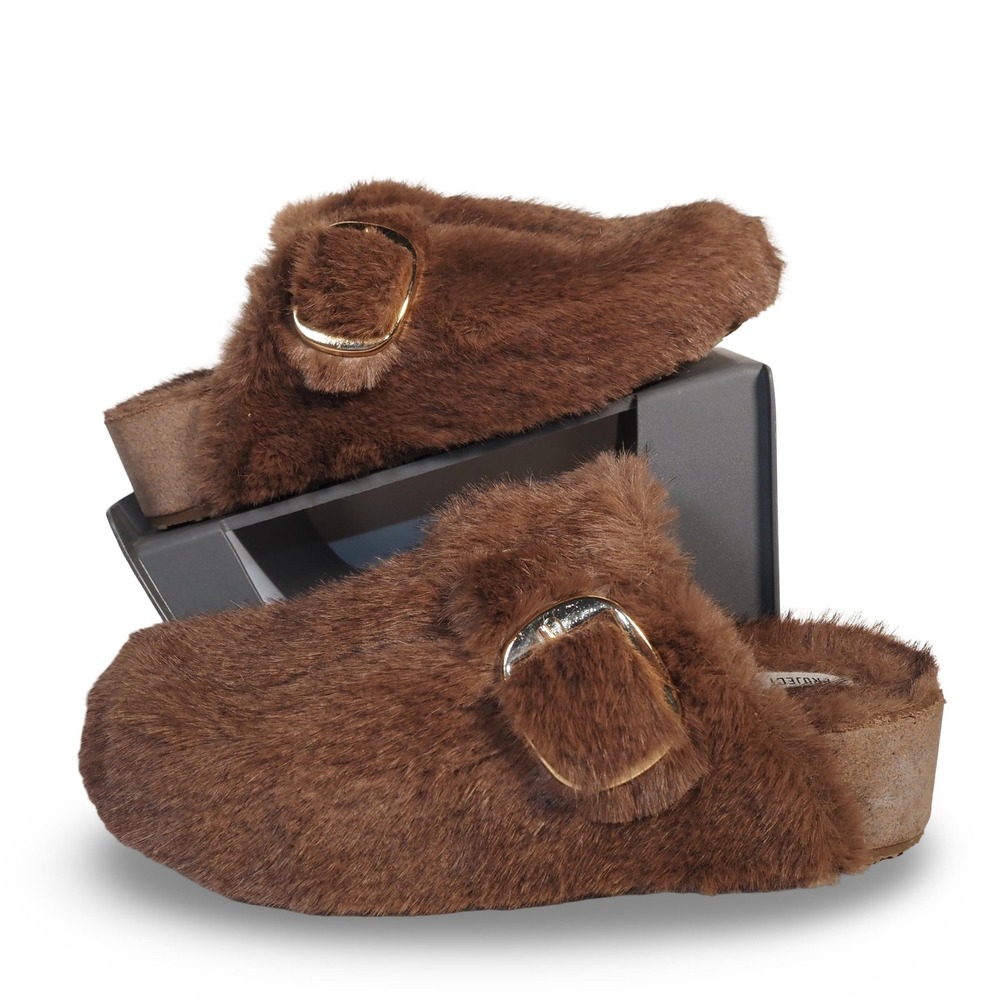 Project Cloud Rhona Faux Fur Mule Clogs Womens 7.5 Brown Buckle Slippers